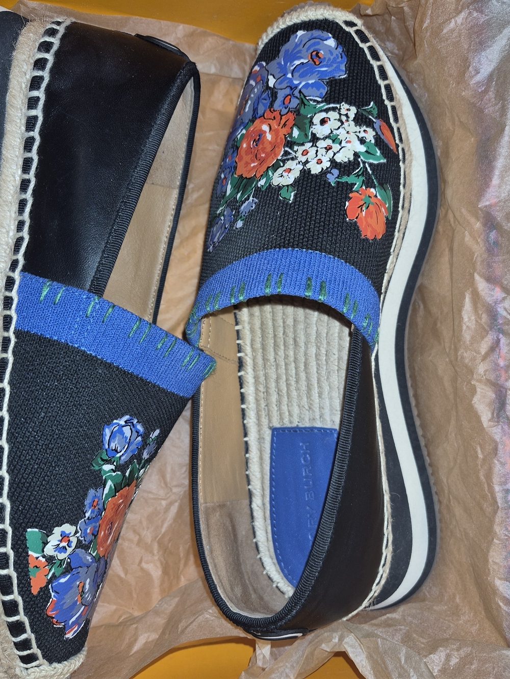 Tory Burch Black Canvas Floral Espadrille Slip-Ons with Blue Trim Size 8.5